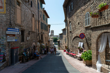 assisi,italy july 11 2020 :architecture of streets and buildings in the historic center of assisiのeditorial素材