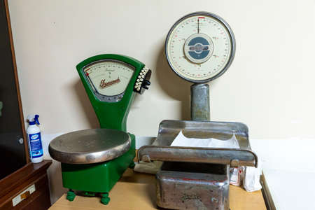 old shop scale with pan and l