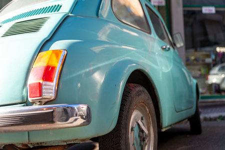 detail of a light blue vintage fiat 500のeditorial素材