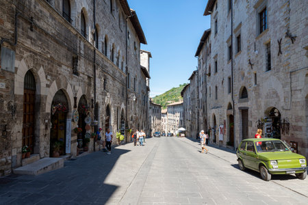 street of consoli in the center of the town of Gubbioのeditorial素材