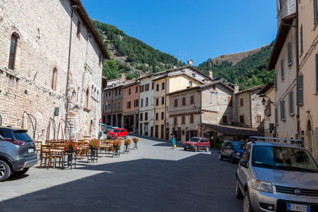 street Dante Alighieri in the town of Gubbioのeditorial素材