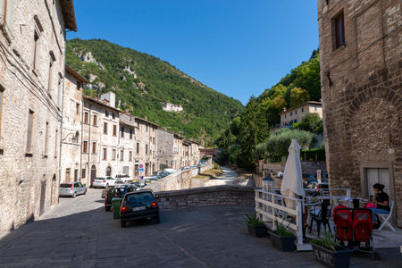 piazza Giordano Bruno in the center of the town of GUbbioのeditorial素材