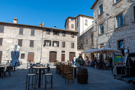 piazza Bosone in the center of the town of Gubbioのeditorial素材