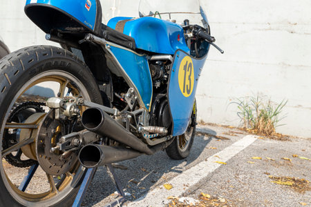 TERNI, ITALY SEPTEMBER 18 2020: detail of a vintage Kawasaky 500 motorcycleのeditorial素材