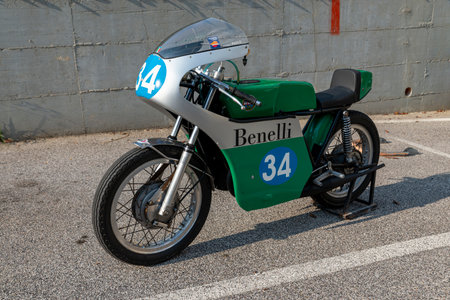 TERNI, ITALY SEPTEMBER 18 2020: detail of a vintage Kawasaky 500 motorcycleのeditorial素材