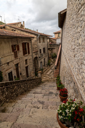 terni, italy october 16 2020: architecture of glimpses of the narrow streets of the town of Papignoのeditorial素材