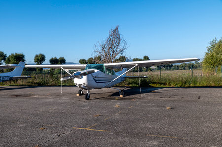 terni, italy october 18 2020: light aircraft from flight school stationary in storageのeditorial素材