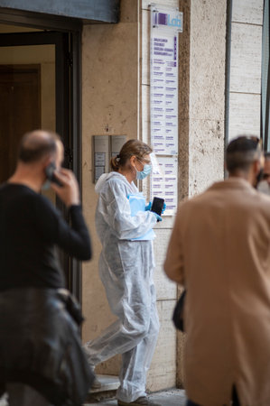 terni, italy october 21 2020: queue outside a clinic to swab cause covid 19のeditorial素材