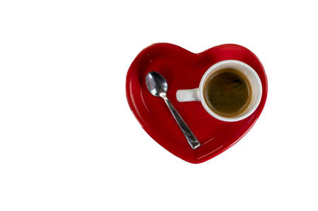 composition of cups with coffee and red saucer on a white backgroundの写真素材