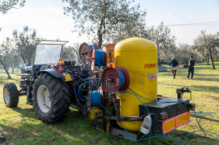 terni, italy november 26 2020: workers who harvest olive from the columns with hydraulic rakesのeditorial素材