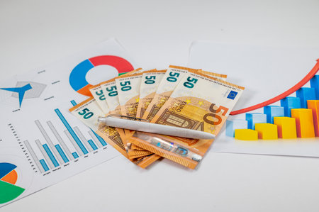 50 euro banknotes with statistics and calculator on white backgroundの写真素材