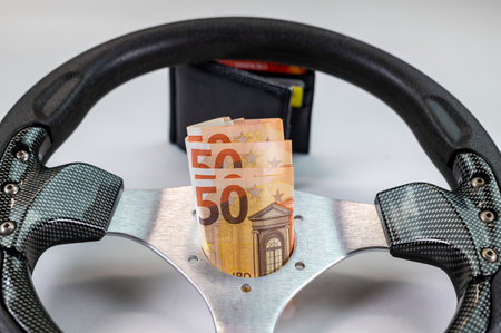 50 euro banknotes with statistics and calculator on white backgroundの写真素材