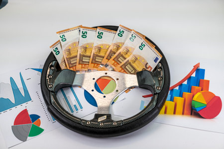 50 euro banknotes with statistics and calculator on white backgroundの写真素材