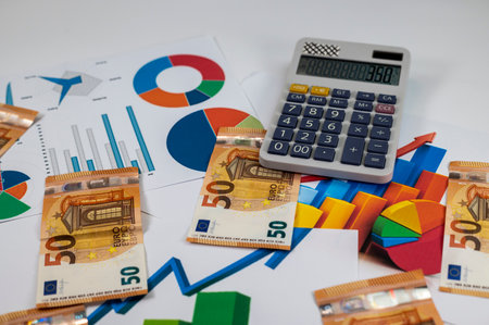 50 euro banknotes with statistics and calculator on white backgroundの写真素材