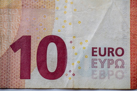 the 10 euro banknote detail on a white backgroundの写真素材