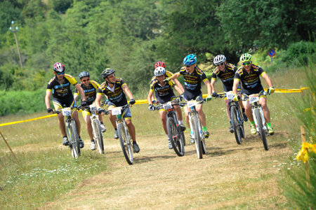 terni, italy august 10 2019: off road mtb bicycle race with competitive teamのeditorial素材