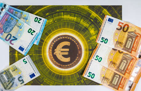 50 20 5 euro banknotes with euro symbol in different anglesの写真素材