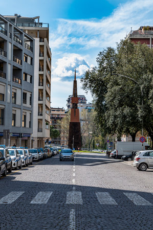 terni, italy march 18 2021: tomato obelisk at the beginning of course of peopleのeditorial素材