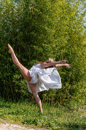 ballerina in various poses in nature environment with white dress and pointe shoesの写真素材