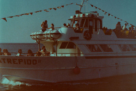 cervia, italy june 10 1980: boats by the sea in cervia from the 80sのeditorial素材