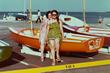 cervia, italy june 10 1978: sea family portrait in the 70sのeditorial素材