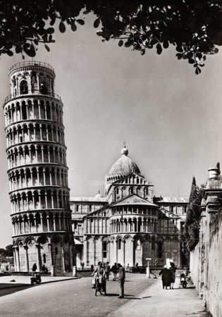 pisa, italy june 28 1960: pisa leaning tower from the 60s
