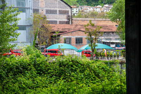 terni, italy april 29 2021: exercise of the firefighters recovering a corpse in the riverのeditorial素材