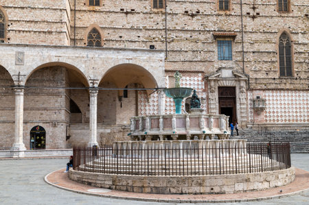 perugia, italy may 01 2021: major fountain in the center of perugiaのeditorial素材