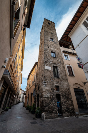 terni,italy may 14 2021:Barbarasa tower in via roma in the center of terniのeditorial素材