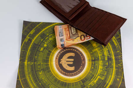 20 and 50 euro banknotes and wallet and cigar on wood backgroundの写真素材