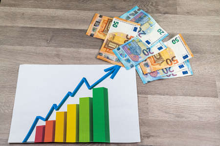 20 and 50 euro banknotes and wallet and cigar on wood backgroundの写真素材