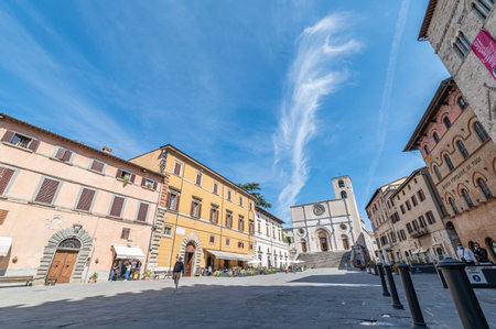 todi, italy june 11 2021: piazza del popolo palace of the bank in the center of todiのeditorial素材