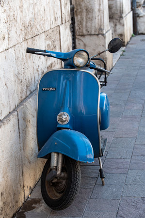 terni, italy june 22 2021: piaggio vespa 50 vintage in mixed blue colorのeditorial素材
