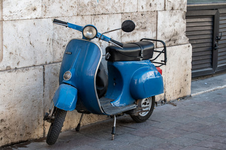 terni, italy june 22 2021: piaggio vespa 50 vintage in mixed blue colorのeditorial素材