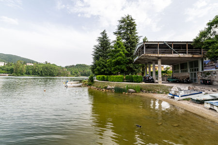 piediluco,italy june 23 2021:coast along the lake of piediluco in umbriaのeditorial素材
