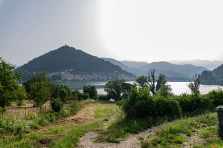 panorama of the village of piediluco and the lake in umbriaの写真素材