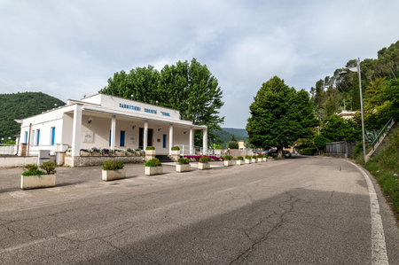 piediluco,italy june 23 2021:piediluco rowing club near the townのeditorial素材