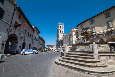 assisi, italy july 11 2021: church of santa chiara in the center of assisiのeditorial素材