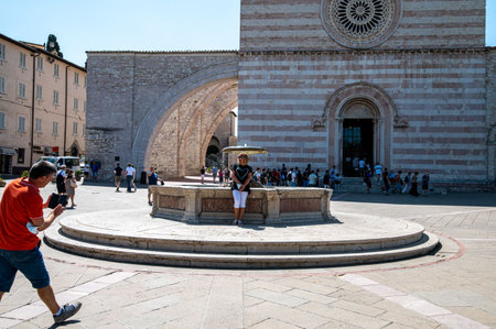 assisi, italy july 11 2021: church of santa chiara in the center of assisiのeditorial素材
