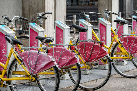 terni: italy july 19 2021: bicycles from the municipality of terni messi for hireの写真素材