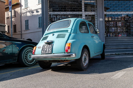 terni,italy july 20 2021:vintage fiat 500 celeste car parkedのeditorial素材