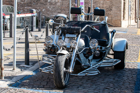 terni, italy august 19 2021: trike motorbike parked three wheeled motorcycle
