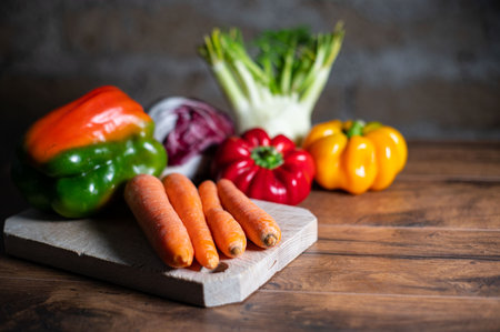 composition of vegetables with cutting board on wooden surfaceの写真素材
