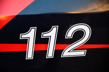 112 written by the carabinieri on the service carの写真素材