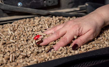 womans hand touches the pellets in the stove compartmentの写真素材