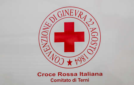 coat of arms of the Italian Red Cross in the municipality of Terni with the Geneva Convention written on 22 August 1864の写真素材