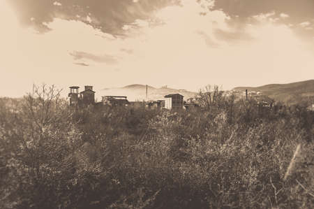 landscape of narni and its chimney of a factory in umbriaの写真素材