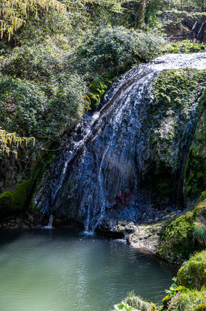 streams with pools of water of the marmore waterfall on a sunny dayの写真素材