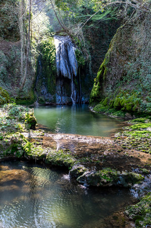 streams with pools of water of the marmore waterfall on a sunny dayの写真素材