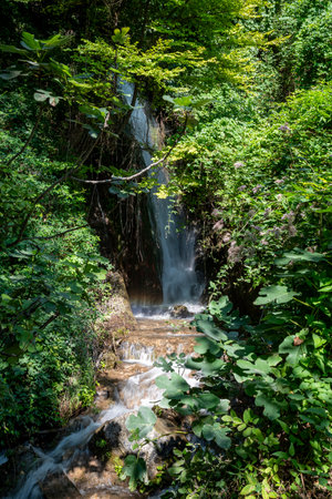 Menotre Waterfalls in the town of Pale, Perugia province, surrounded by nature during the summer.の写真素材